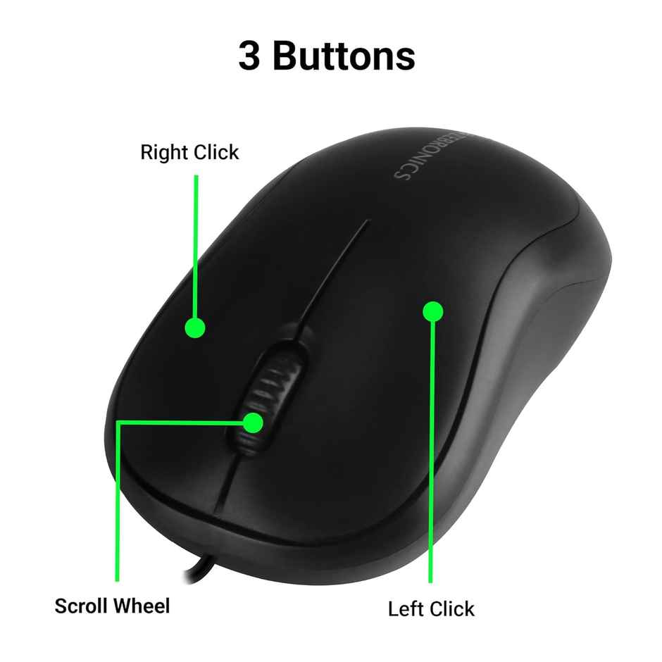 Zebronics Comfort Wired Mouse, 3-Button, 1000 DPI Optical Sensor, Plug & Play - Black