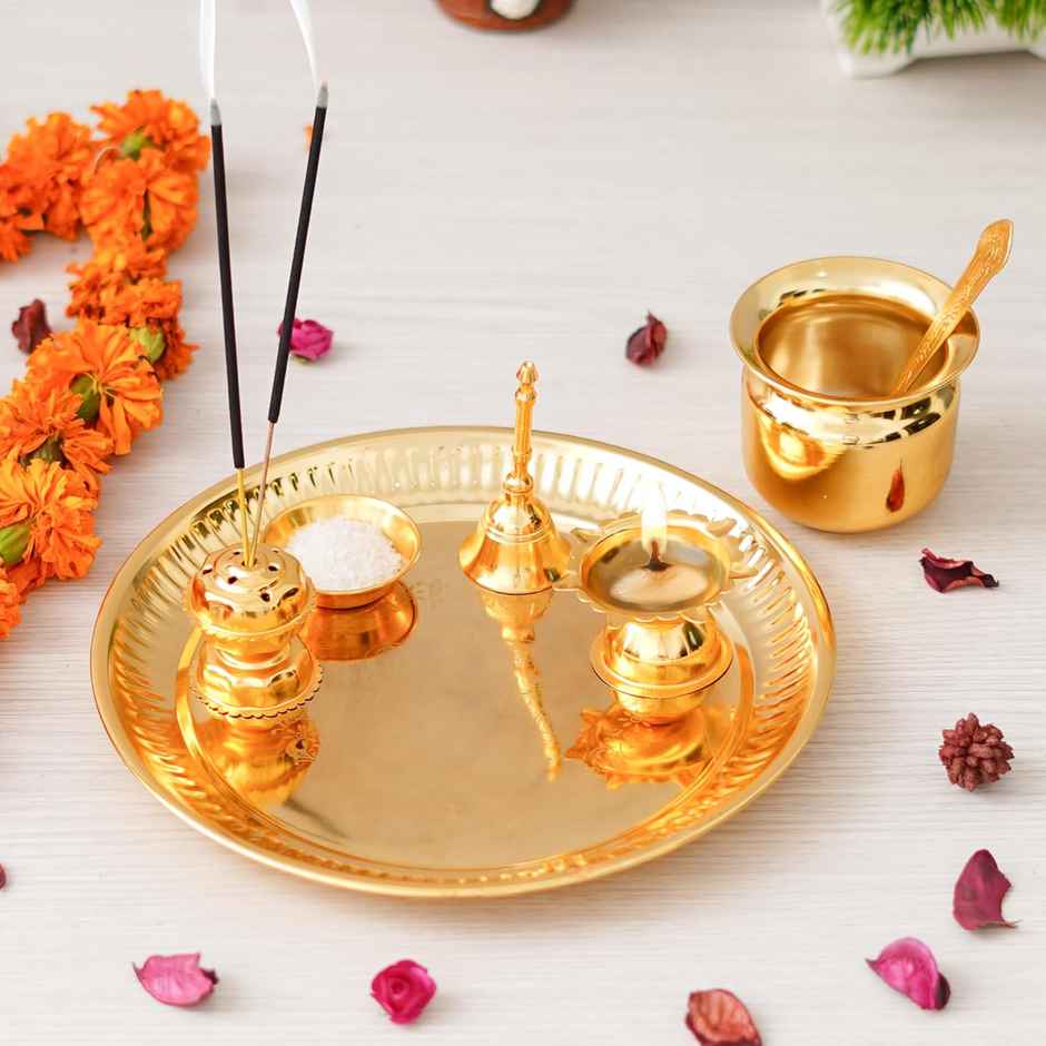 Ecraftindia Handcrafted Decorative Golden Puja Thali