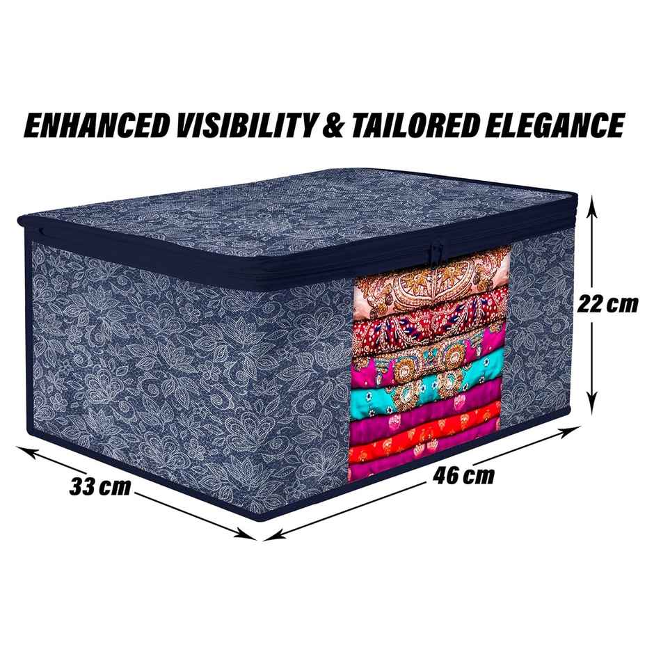 Kuber Industries Flower Printed Saree Storage Bag with Visible Window|9 Inch|Pack of 6|Navy Blue