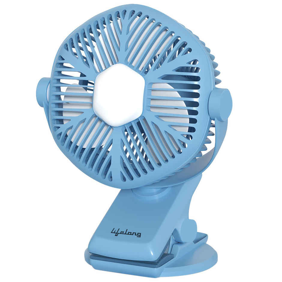 Lifelong 125mm Rechargable Fan with Clip & LED Light|Portable Fan, USB Fan, Mini Fan, Table Fan, Small Fan, Car Fan, Kitchen Fan|5hr Battery Back-up, 3 Speed Settings, Low Noise, Energy Efficient - Blue