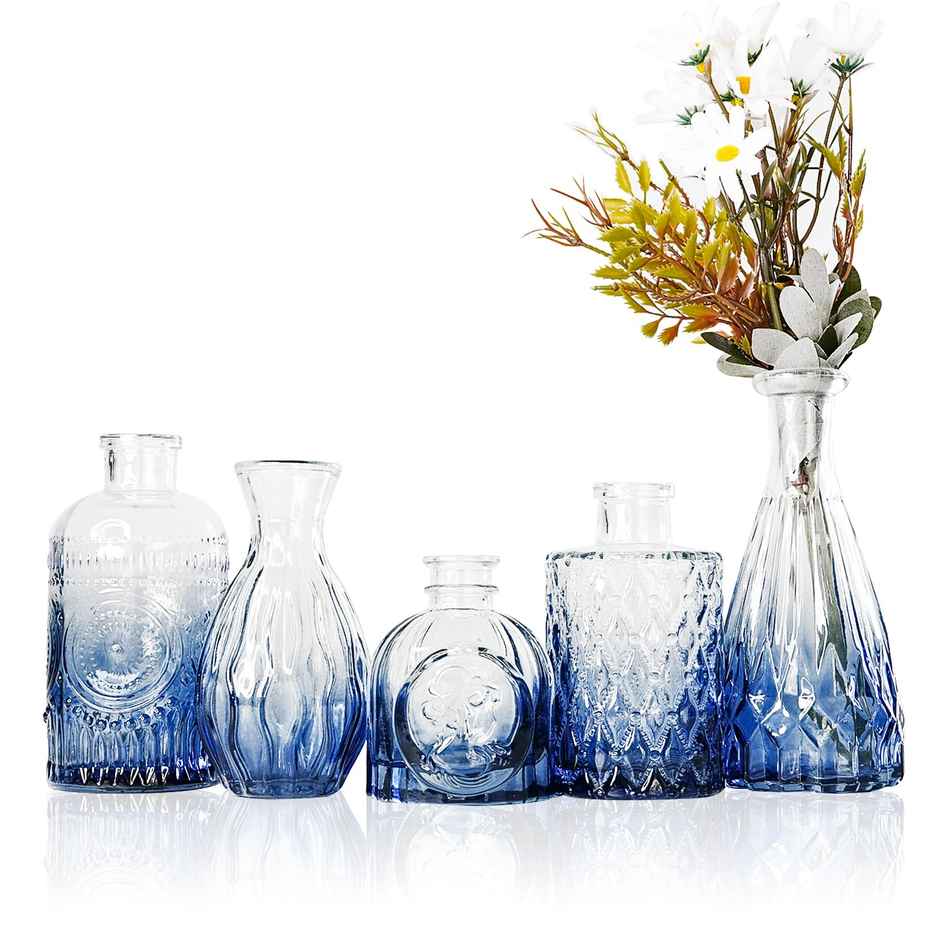 Ekhasa Crystal Blue Glass Bud Vases Flower Pots For Home Decoration | Set Of 5