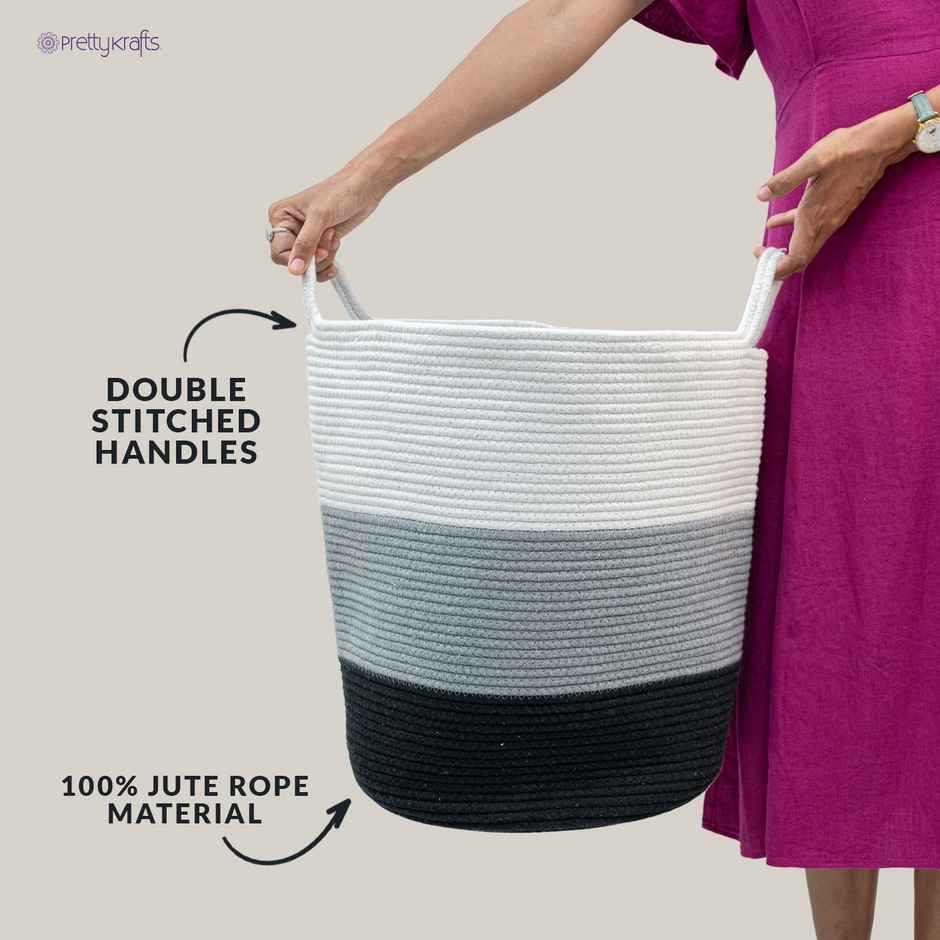 PrettyKrafts Jute Rope Basket | Organizer for Laundry, Gifts & Planters - White, Grey & Black