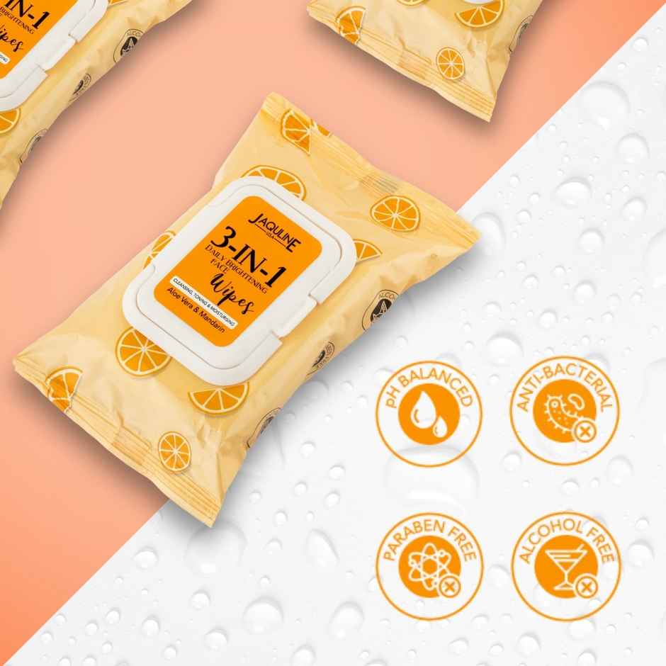 Jaquline USA 3-in-1 Daily Skin Brightening Wipes-Enriched with the Goodness of Aloe Vera & Mandarin