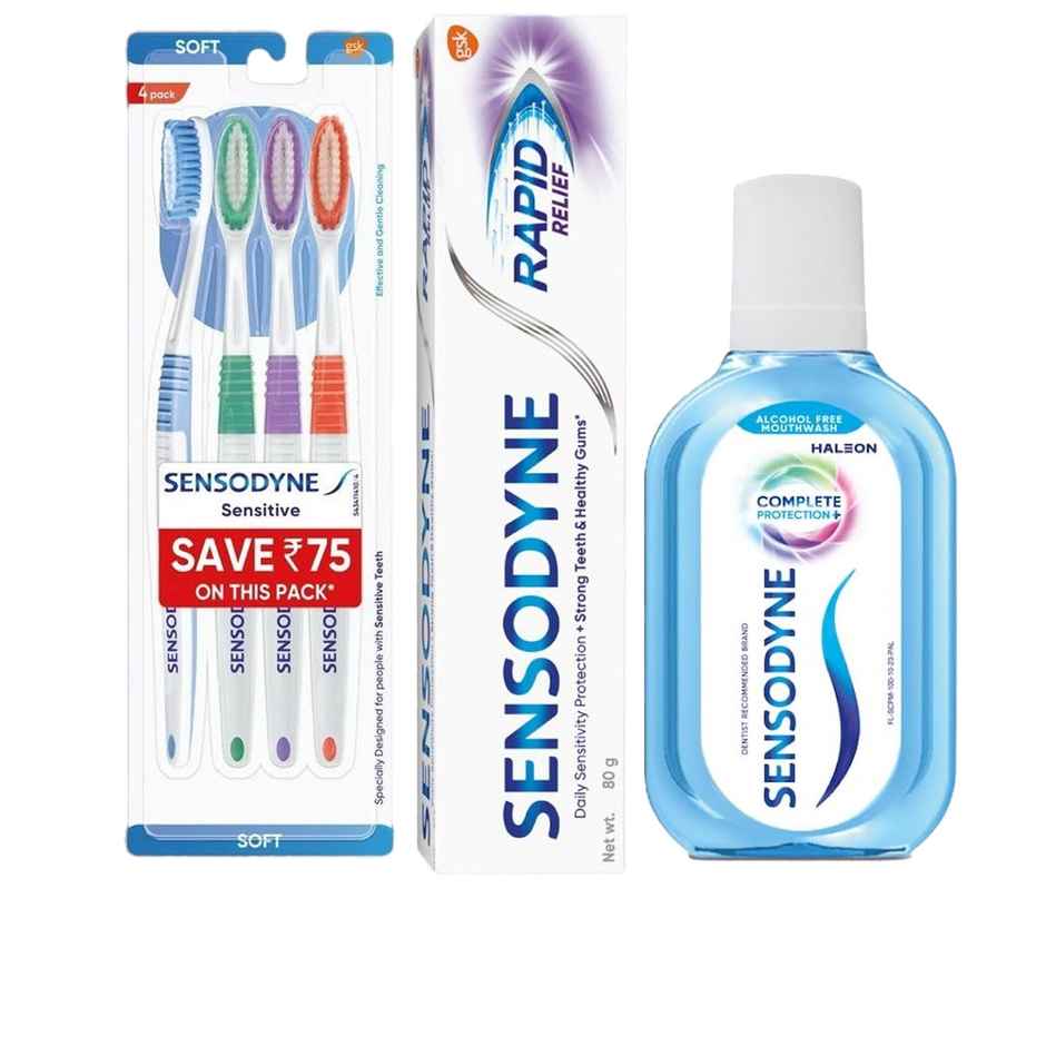 Sensodyne Rapid Relief Long Lasting Protection For Sensitive Teeth Toothpaste (80g) & Sensodyne Mouthwash Complete Protection+ (100ml) & Sensodyne Sensentive Tooth Brush (4pc) Combo