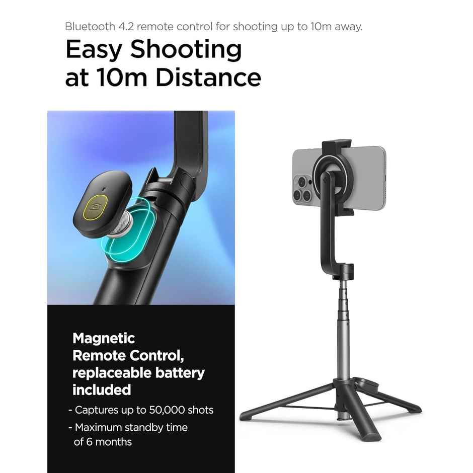 Spigen S572 Selfie Stick Tripod, Light Weight | Wireless Bluetooth Remote - Black