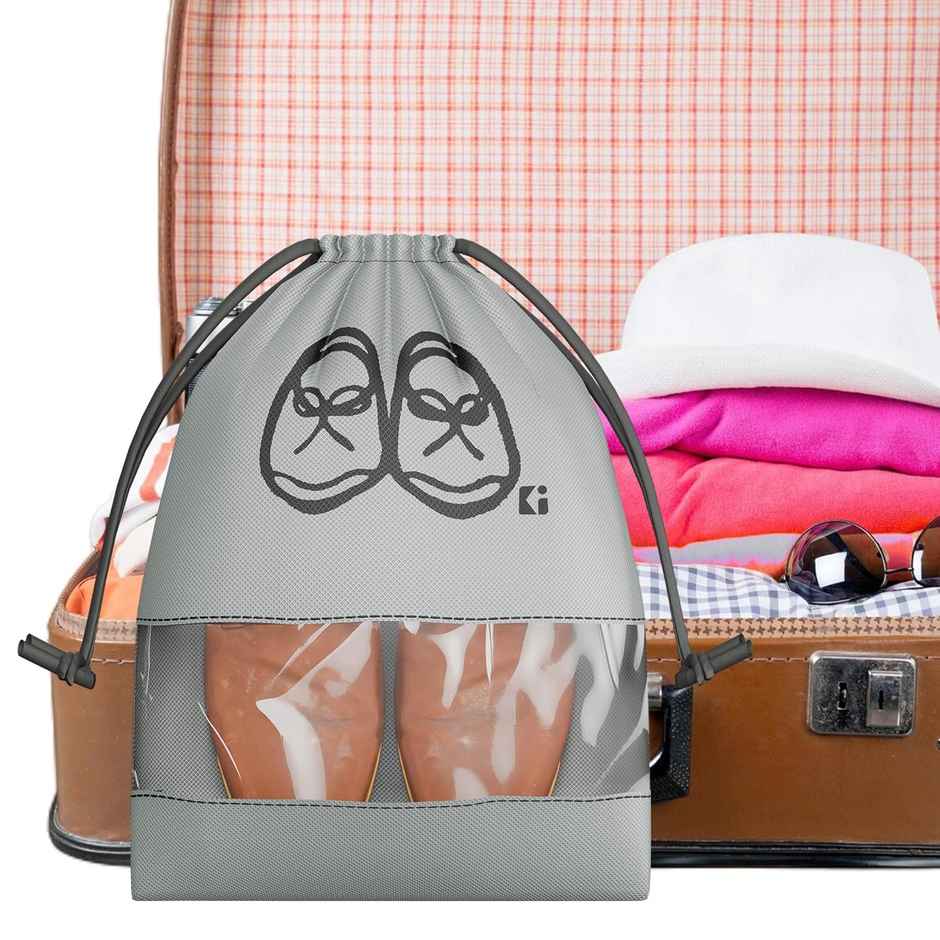 Kuber Industries Non Woven Pack of 12 Shoe Cover/String Bag Organizer Transparent Window | Grey