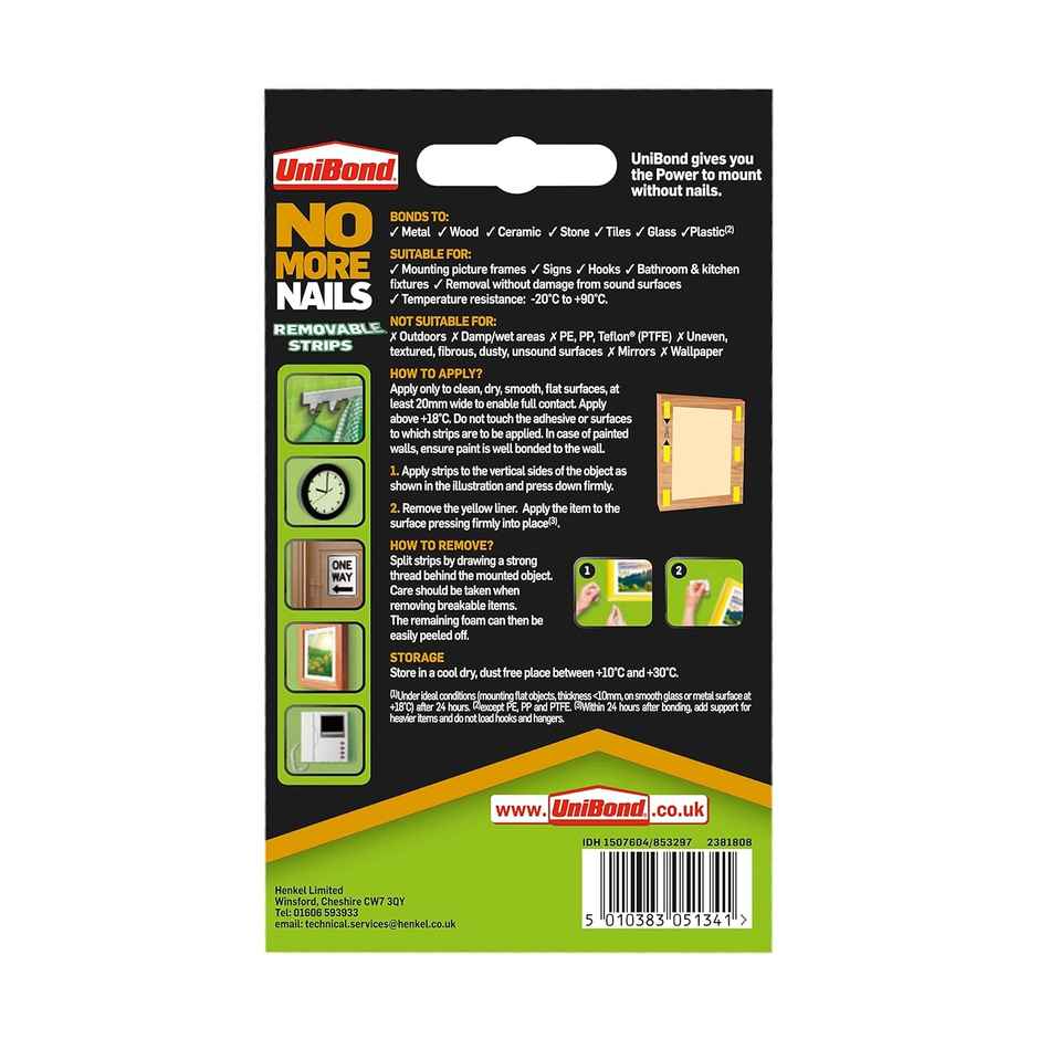 Unibond No More Nails Tape 20 mm x 40 mm | Removable | Double Sided | Ideal For Frames | 10 Strips