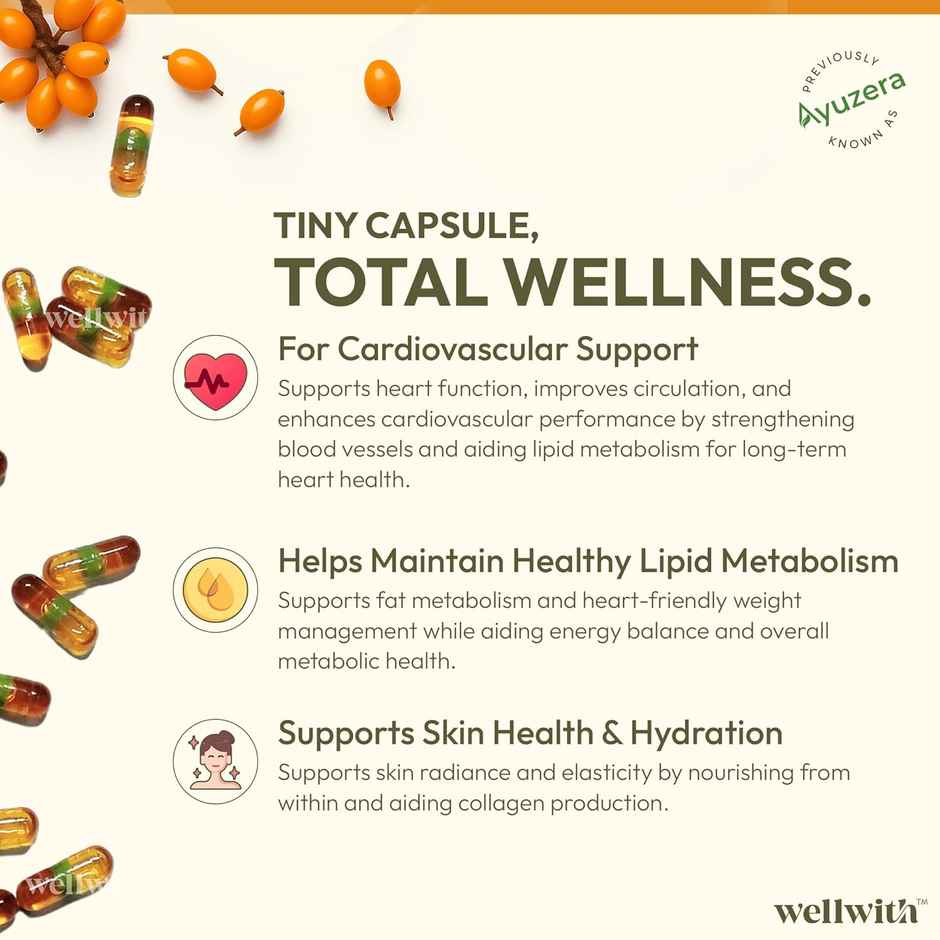 Wellwith Sea Buckthorn Berry Oil Vegan Omega 7 500 mg | Veg HPMC Capsules