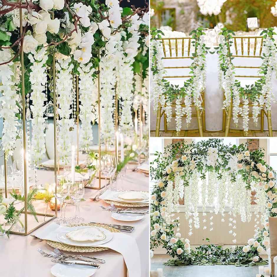 Well Art Gallery Artificial Wisteria Hanging Flowers Vines String Decorations (Pack Of 4,White)