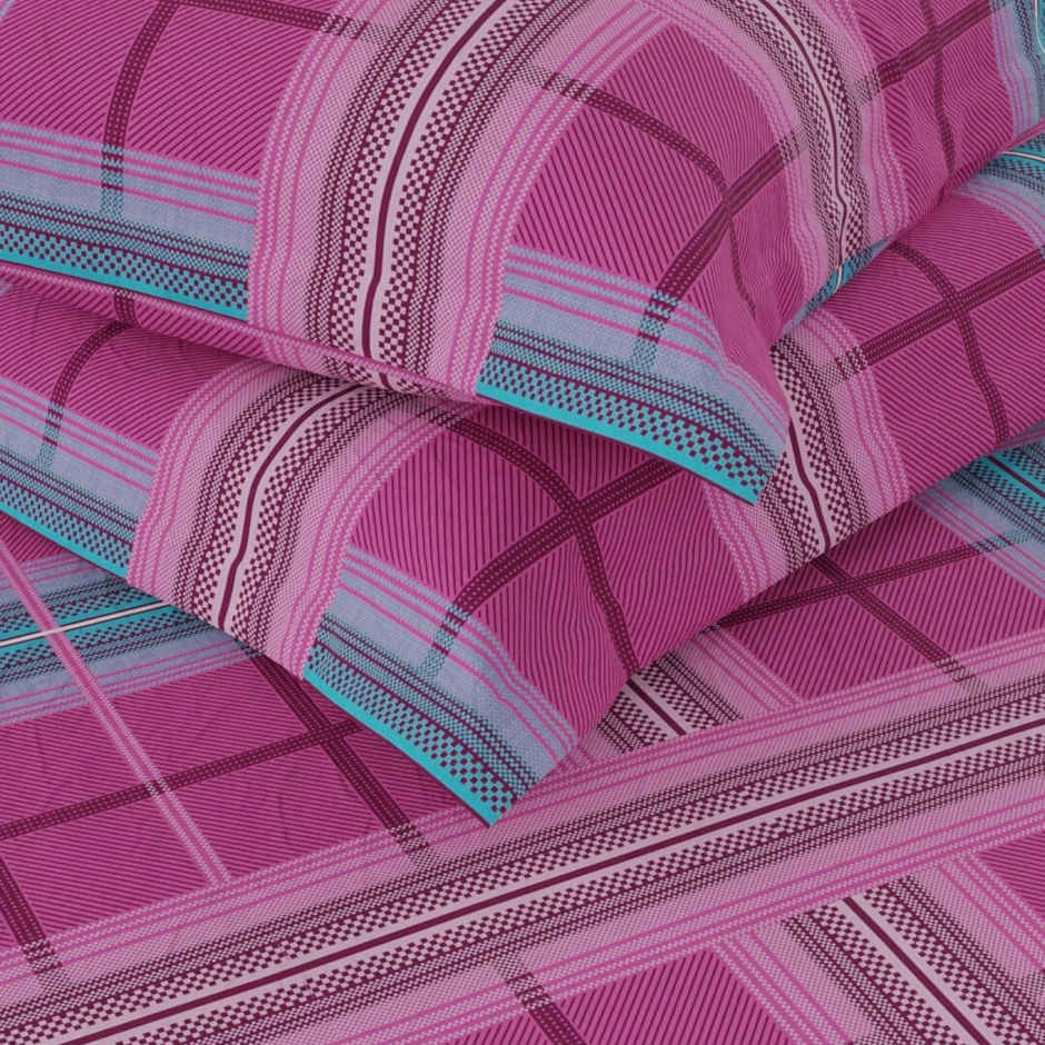 Kopa Extra Smooth Cotton Double Bedsheet With 2 Pillow Covers | Set of 3 | Lopez Checks | Magenta