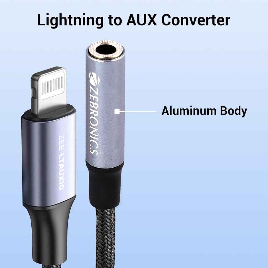 Zebronics LTAux10, Lightning to 3.5 mm Converter, Built-in DAC Chip, Braided Cable