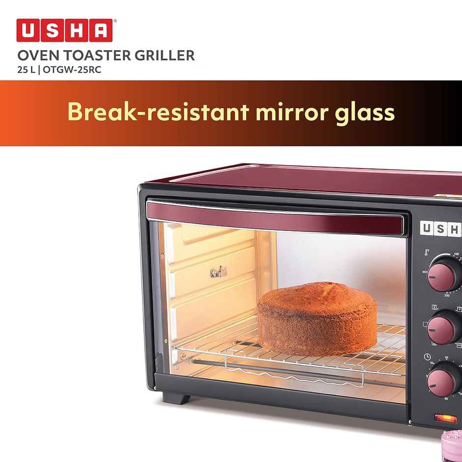 Usha Oven Toaster Griller 25L (1500W, Stay On Feature, 6 Modes, Dual Heating Element, Wine)