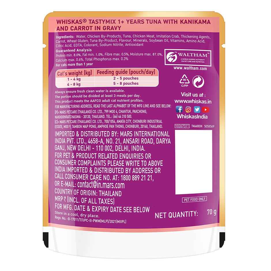 Whiskas Tasty Mix Adult Wet Cat Food, Tuna with Kanikama & Carrot in Gravy