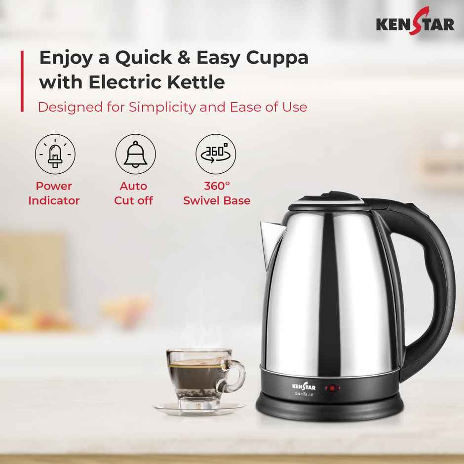 Kenstar Estella Steel Electric Kettle (KKEST16F13SR0-DKA), 1.6 L Capacity, 1350 W, 230 v, 50 hz - Silver Colour