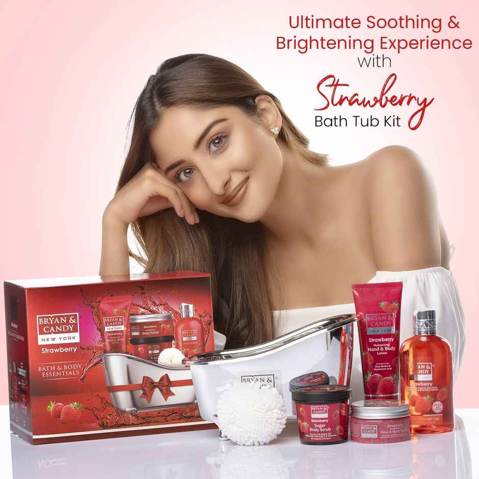 Bryan & Candy Strawberry Bath Tub Kit Gift Set | Complete Home Spa Experience | Pack Of 4