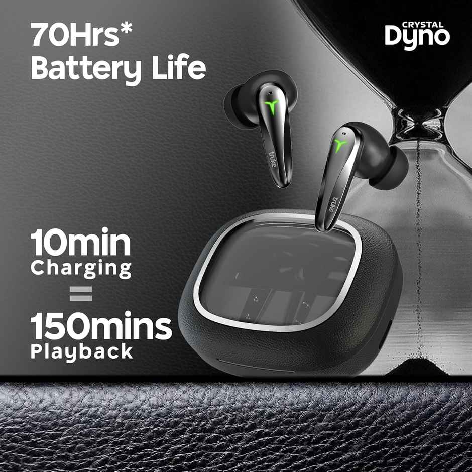 truke Crystal Dyno Leather Finish Earbuds w/ Spatial Audio, 70H Battery, Quad Mic ENC | Raven Black