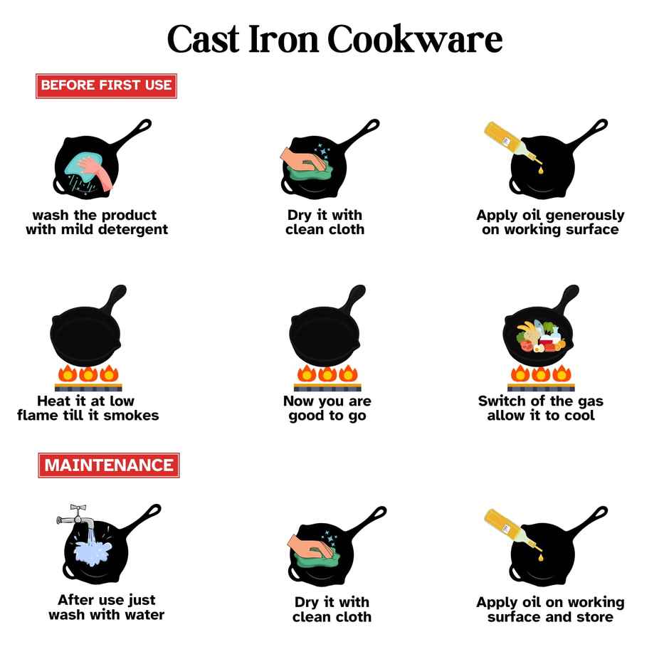 Vinod Legacy Pre-Seasoned Cast Iron Kadai - 22 Cm, Capacity 2.4 L, Induction Friendly, Black