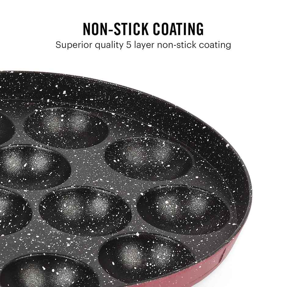 Cello Non Stick Crown 12 Cavity Appam Maker Single Handle| Maroon