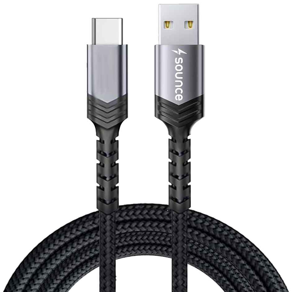 Sounce USB Type C Cable 3.1 A 1.5 m Usb To 3A(66W)Fast Charging Braided (Compatible with Mobile,Tablet,Earphone,Laptop,Black,One Cable)