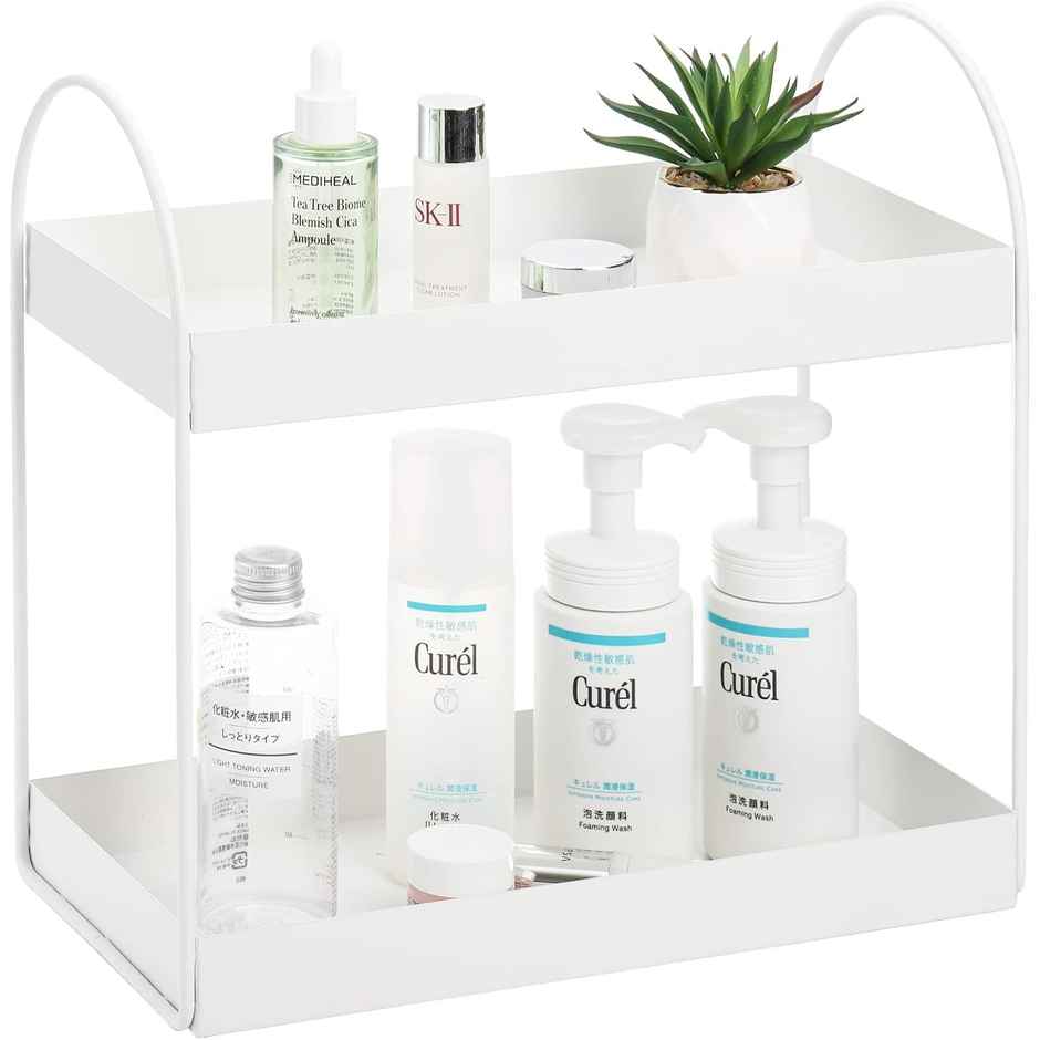 Go Hooked 2-Tier Metal Standing Rack | Vanity Storage Standing Shelf | White