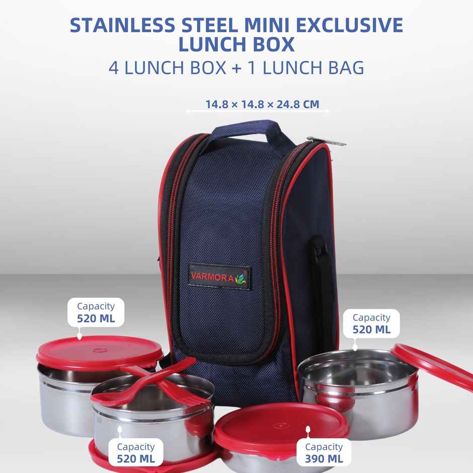 Varmora SS Mini Xclusive Lunch Box- Raspberry Pink - 4 Storage Containers with Spoon and Fork