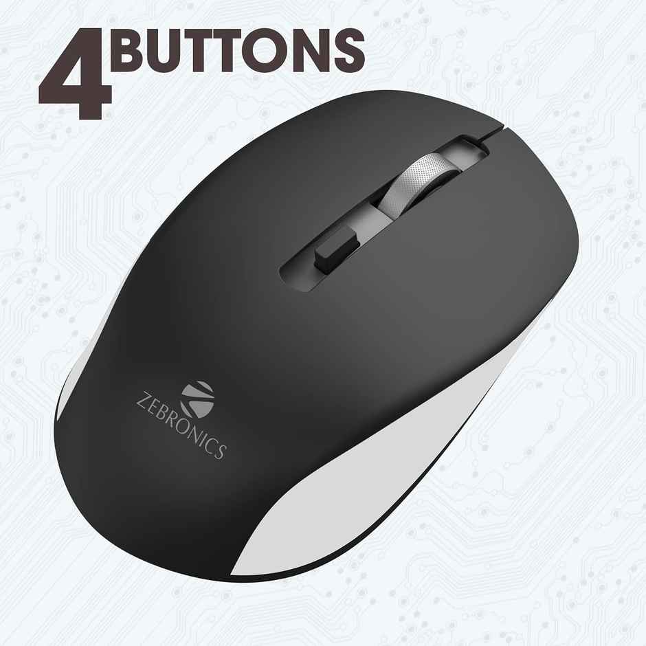 Zebronics Zeb-Jaguar Wireless Mouse, 2.4GHz with USB Nano Receiver, 4 Buttons, Plug & Play, Ambidextrous, for PC/Mac/Laptop - Black+Grey