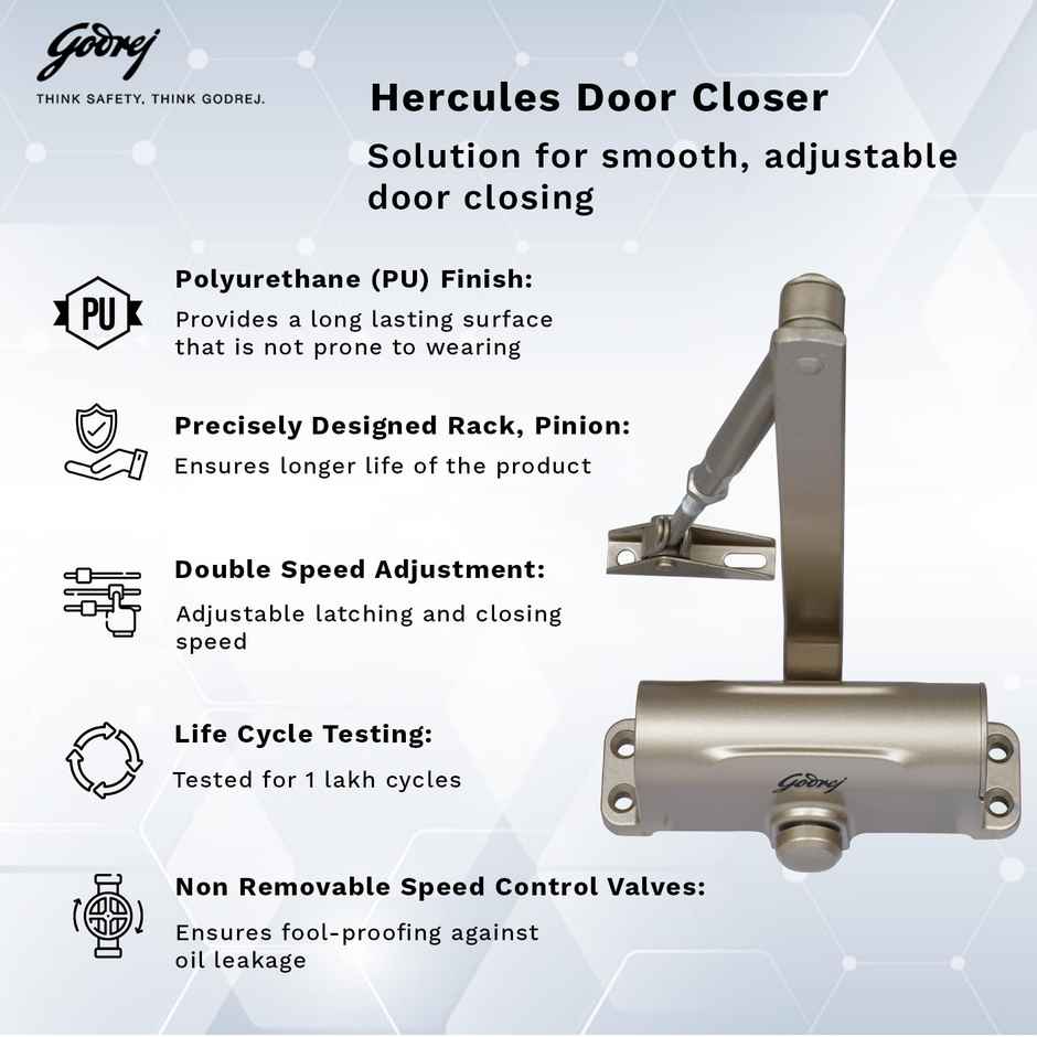 Godrej Hercules Door Closer | Wooden, Aluminum & Metal Doors | 2-Speed | Gold Finish
