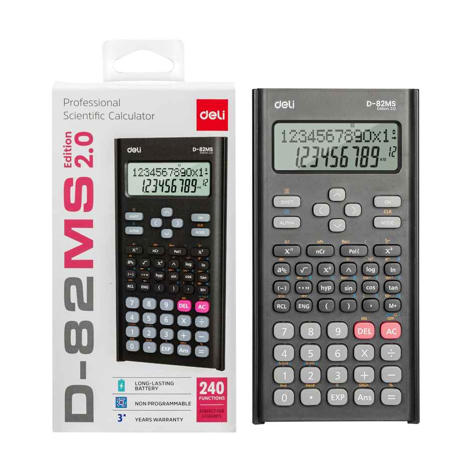 Deli D82-MS 2.0 Scientific Calculator | 12 Digits, 240 Functions & 2 Line LED Display (Black)
