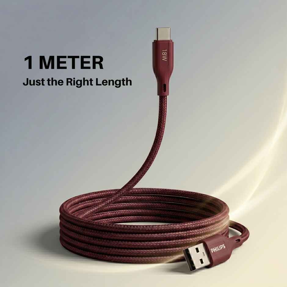 Philips 18W USB A to Type C Fast Charging Cable | DLC4130AI94 | Iron Red | 1 m
