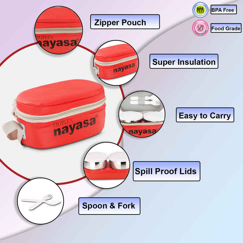Nayasa Duplex Deluxe Stainless Steel Lunch Box Tiffin with Insulated Bag | Red