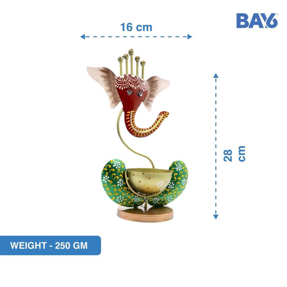 Bay6 Artisan Hand Painted Ganesh T-Light Holder | Multicolour | Artistic | Iron | Tealight Candle-Pooja