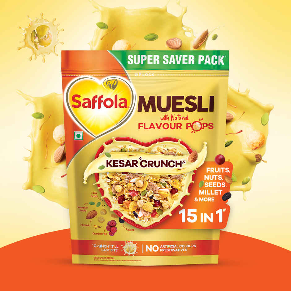 Saffola Muesli Kesar Crunch With Flavour Pops | 15 In 1 Fruit And Nuts | Seeds, Millet & More