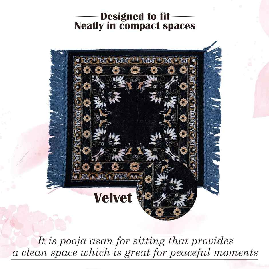 Kuber Industries Velvet Pooja Mat | 52 x 52 cm | Floral Print | Navy & Sea Blue