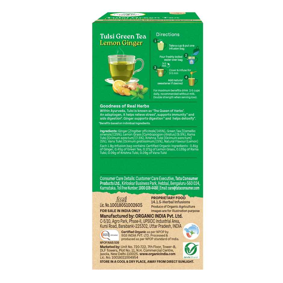 Organic India Tulsi Green Tea Lemon Ginger - 25 Tea Bags, Supports Digestion