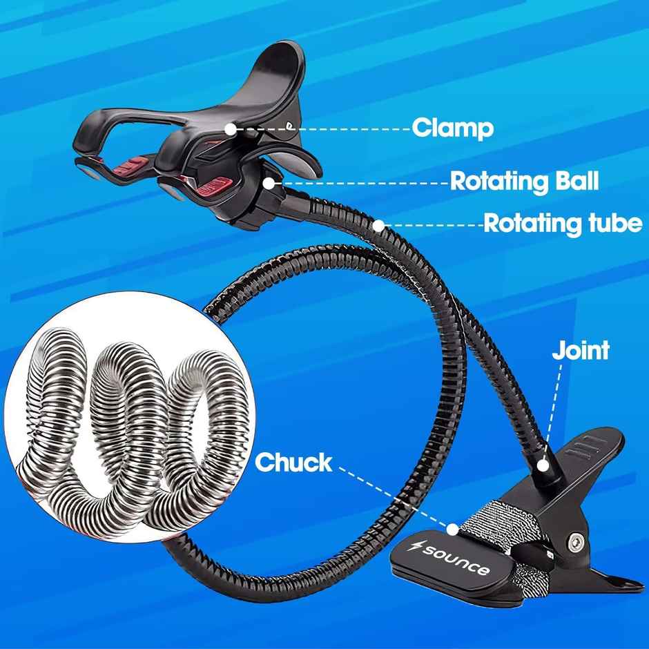 Sounce Mobile Stand Holder | Metal Built | Flexible Cell Phone Stand for Video, Black