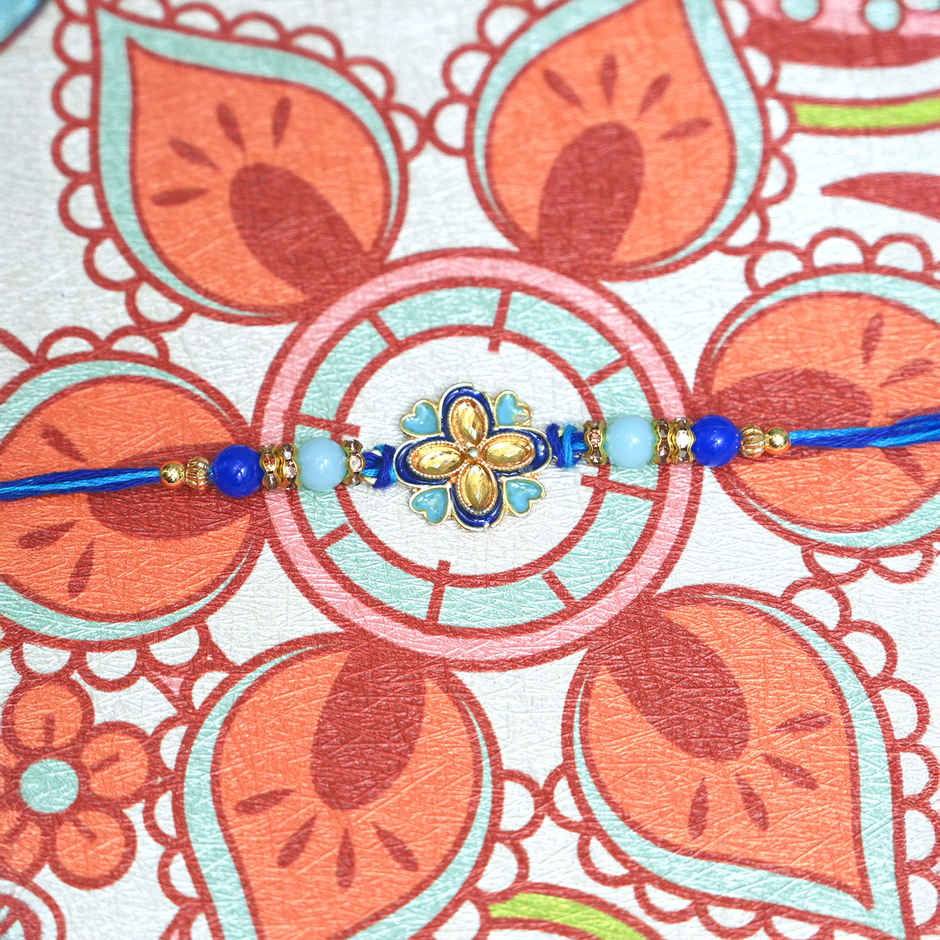 Aurum Floral Blue Rakhi With Beads - Graceful and Vibrant