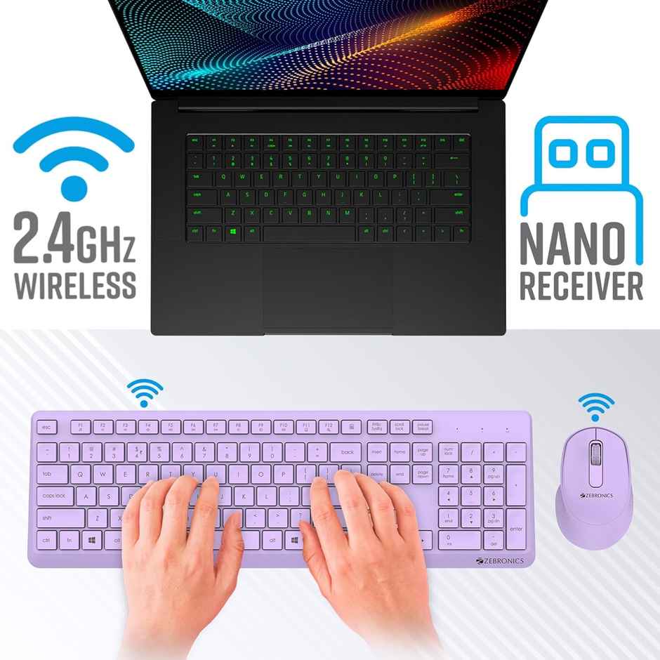 Zebronics Companion 200 Wireless Combo With Silent Operation Mouse, Full Size Keyboard (Purple)