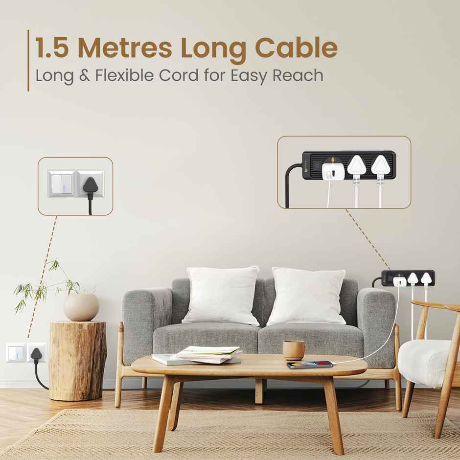 Portronics Power Plate 21 Extension Board with 3 Universal Sockets, 1.5 Meter Long Cord, 1440 Watts(6 Amp), Fireproof Material, Multi Plug for Home Appliance -  Black