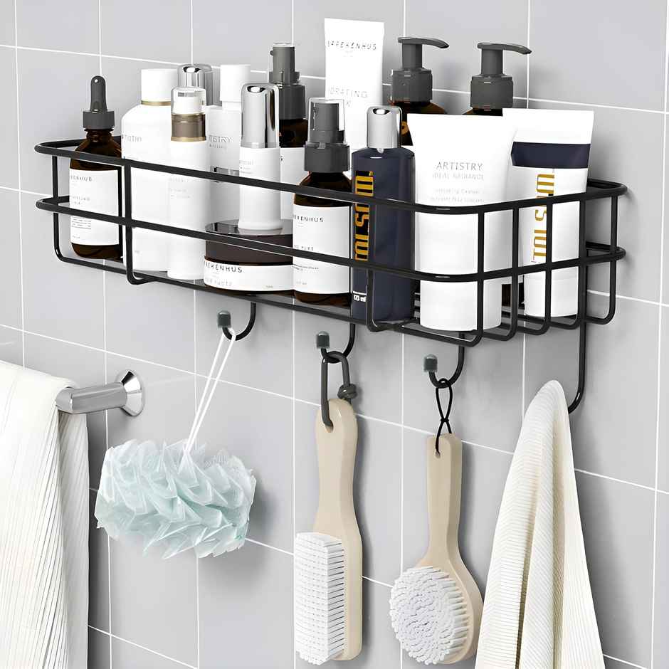 Plantex Self Adhesive Bathroom Wall Shelf Organizer for Kitchen - Black Powder Coated