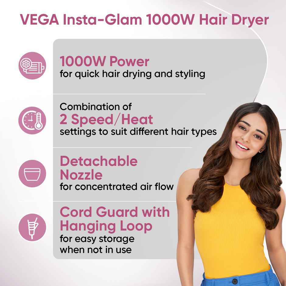 Vega Insta Glam Foldable 1000 Watts Hair Dryer with 2 Heat/Speed Settings, VHDH-20, (Made in India)