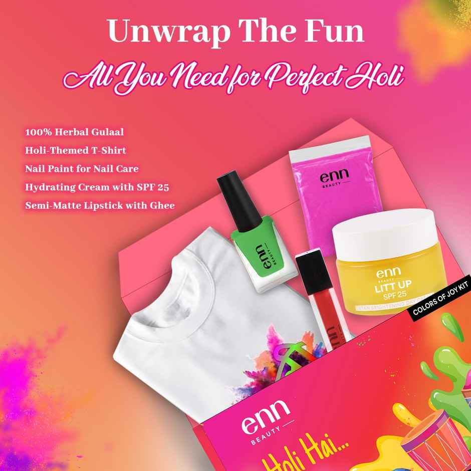 Enn Beauty Holi Hai Gift Box | T-shirt | Gulaals | Nail Paint | Lipstick | Face Cream | Set of 5