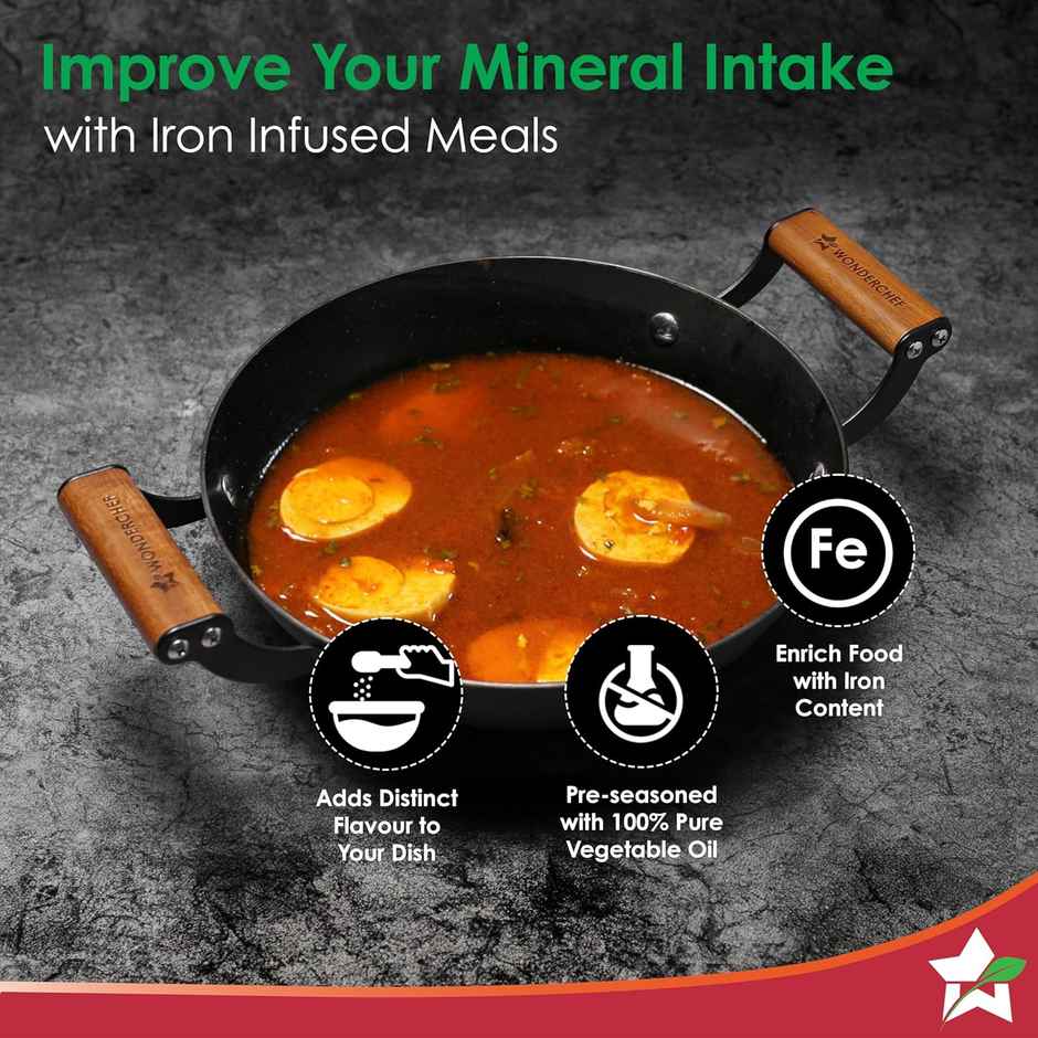 Wonderchef Pre-Seasoned Ferro Light 24Cm Kadhai | 2.3L | Acacia Wooden Handles