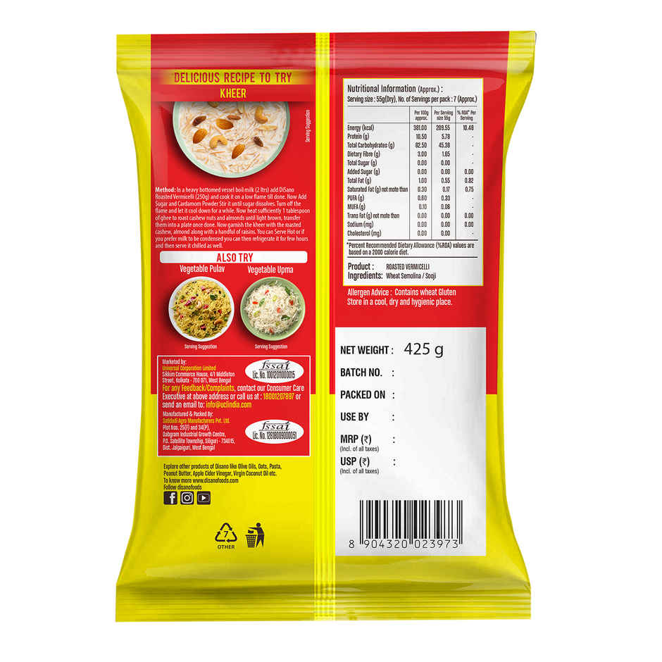 Disano Roasted Wheat Vermicelli | No Maida | Cholesterol Free | Unflavored