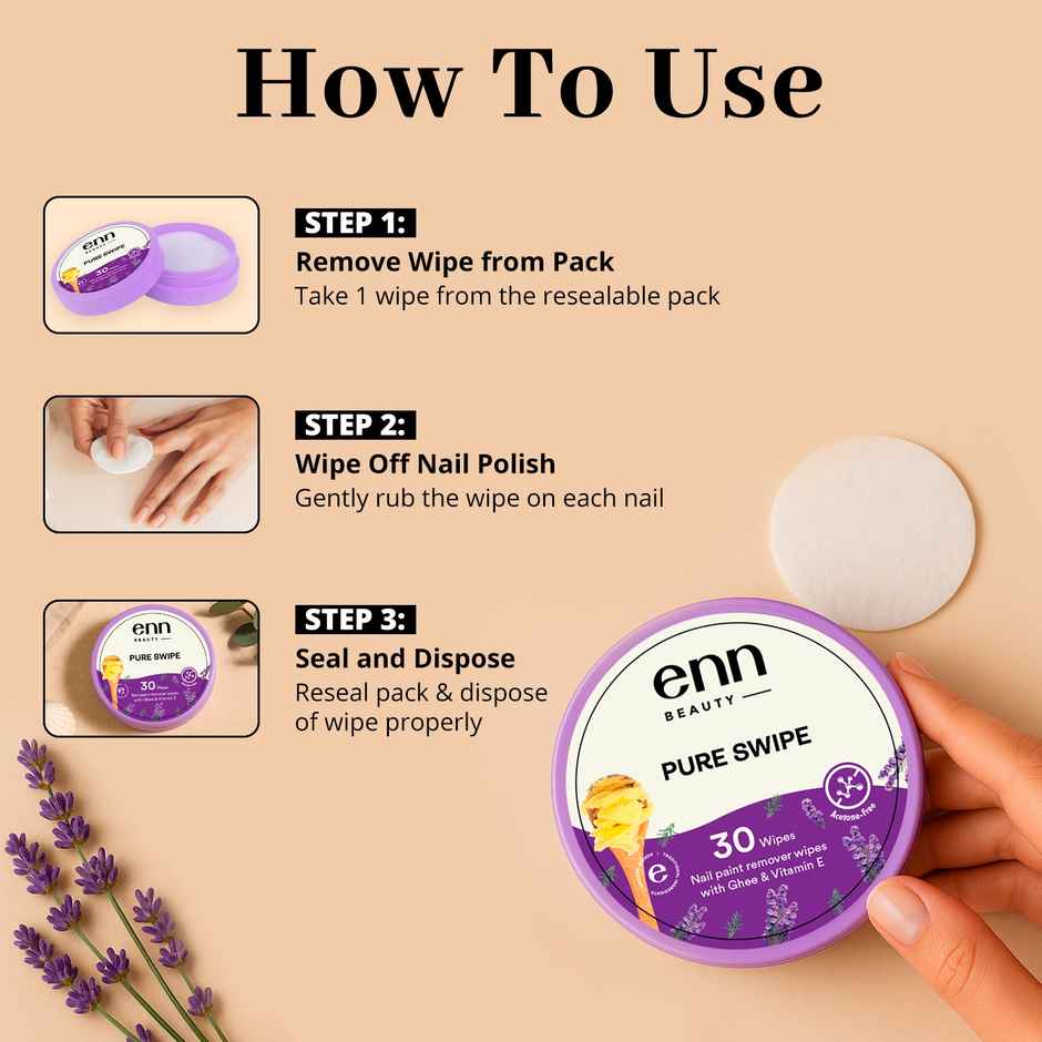Enn Beauty Pureswipe Nail Remover Wipes Acetone-Free, Ghee & Vitamin E Enriched, Biodegradable