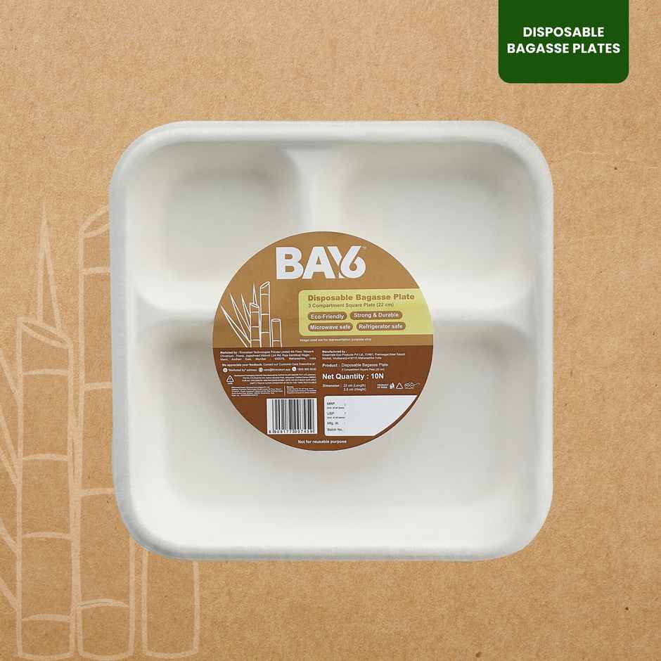 Square Plate | 3 Compartment | 9 inch | Pack of 10 | BAY6