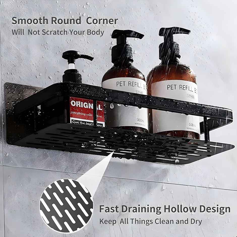 Perpetual Adhesive Aluminium Bathroom Shelf | Wall Rack for Kitchen/Bath | 2 Pcs | Black