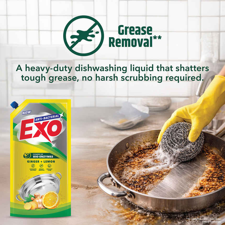 Exo Ginger & Lemon Anti Bacterial Dishwash Liquid | Tough Grease Removal with Power of Bio-Enzymes