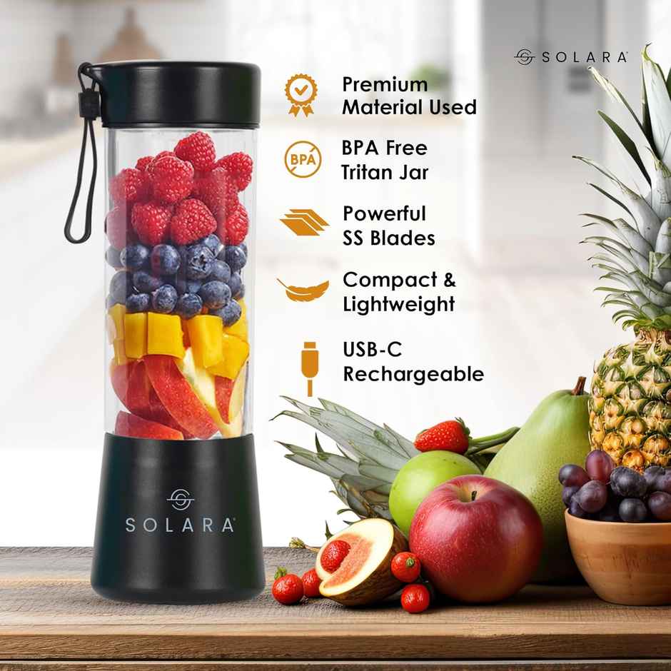 SOLARA Blendkwik 180Watts Portable Blender for Juices, Shakes, Smoothies, Crushing Ice, 450ml, USB Rechargeable Battery with 4000 mAh - Black Knight