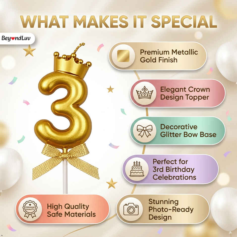 BeyondLuv Candles for Kids Birthday Party 3 Golden Number Candle With Crown