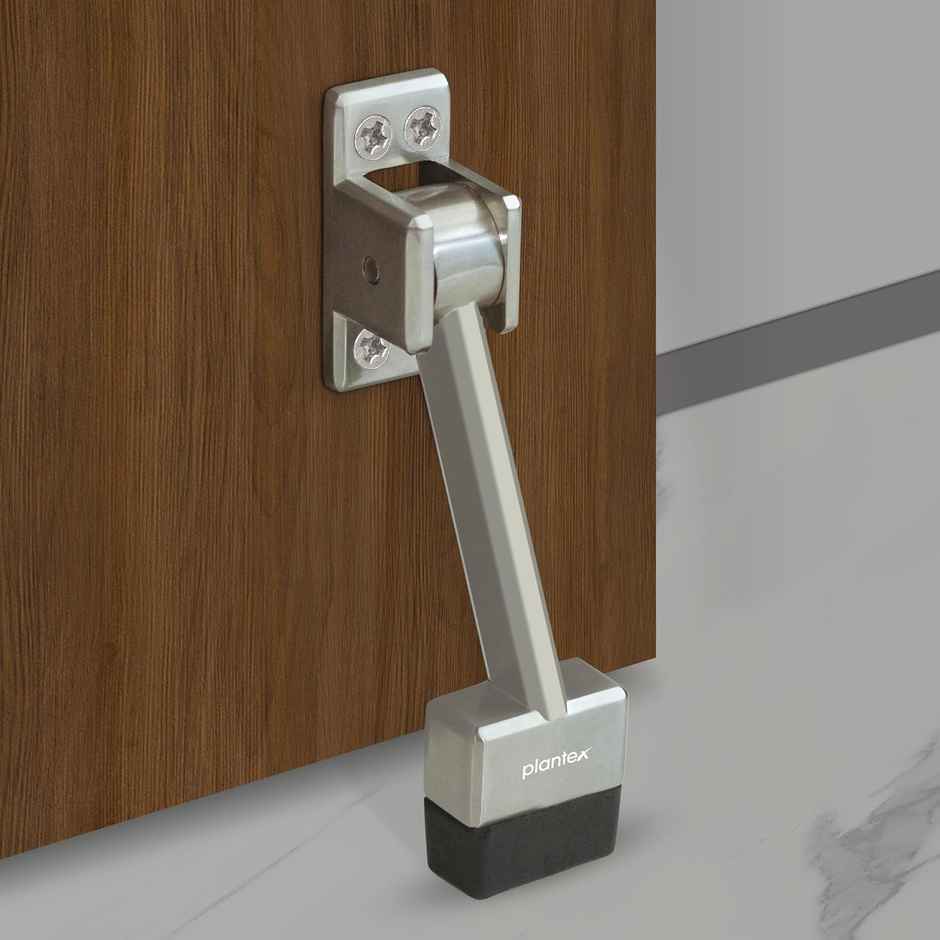 Plantex Heavy Duty Door Stopper with Rubber Grip for Wooden Doors - Silver Matt Finish
